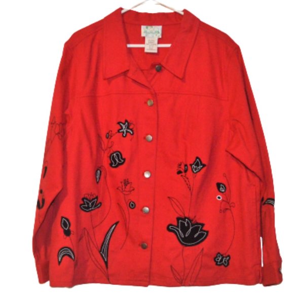 Quacker Factory Red Denim Floral Embroidered 1X Jacket Coat - Picture 1 of 6